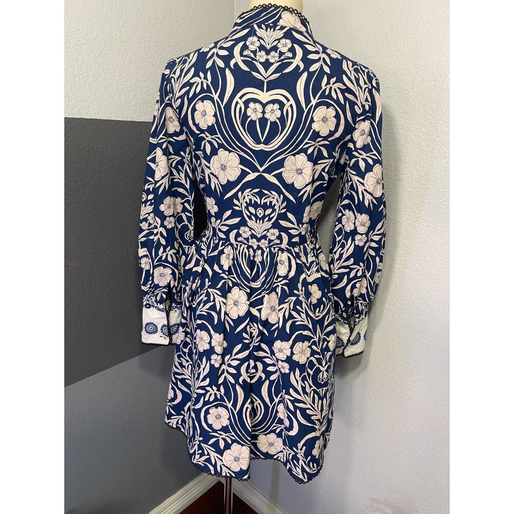 Beyond by Vera Nella Blue Ivory Floral Cotton Mini Dress S Resort Coastal Artsy - Picture 2 of 14